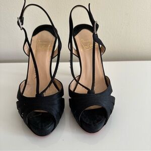 Christian Louboutin black satin sling back open toe heels 36.5